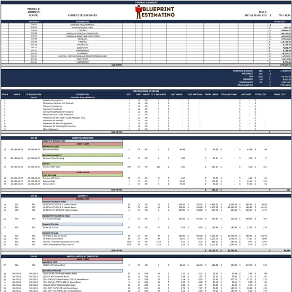 blueprint estimating sample image